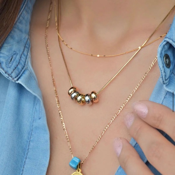 Five Beads 14k Gold Chain -Gold Silver Rose Gold Color Bead Luxury Necklace - Picture 1 of 10